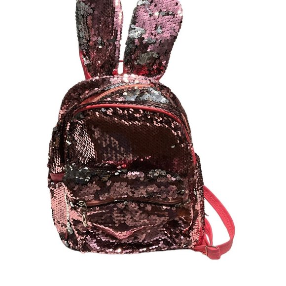 Girls Pink Sequin Bunny Ears Backpack Gift Pockets Zipper - Picture 2 of 6